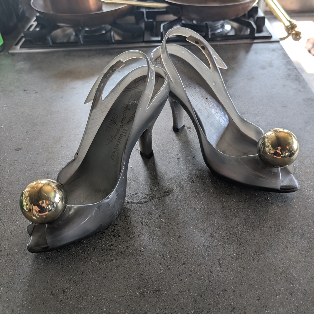 Stylish Gray Heels with Gold Accents